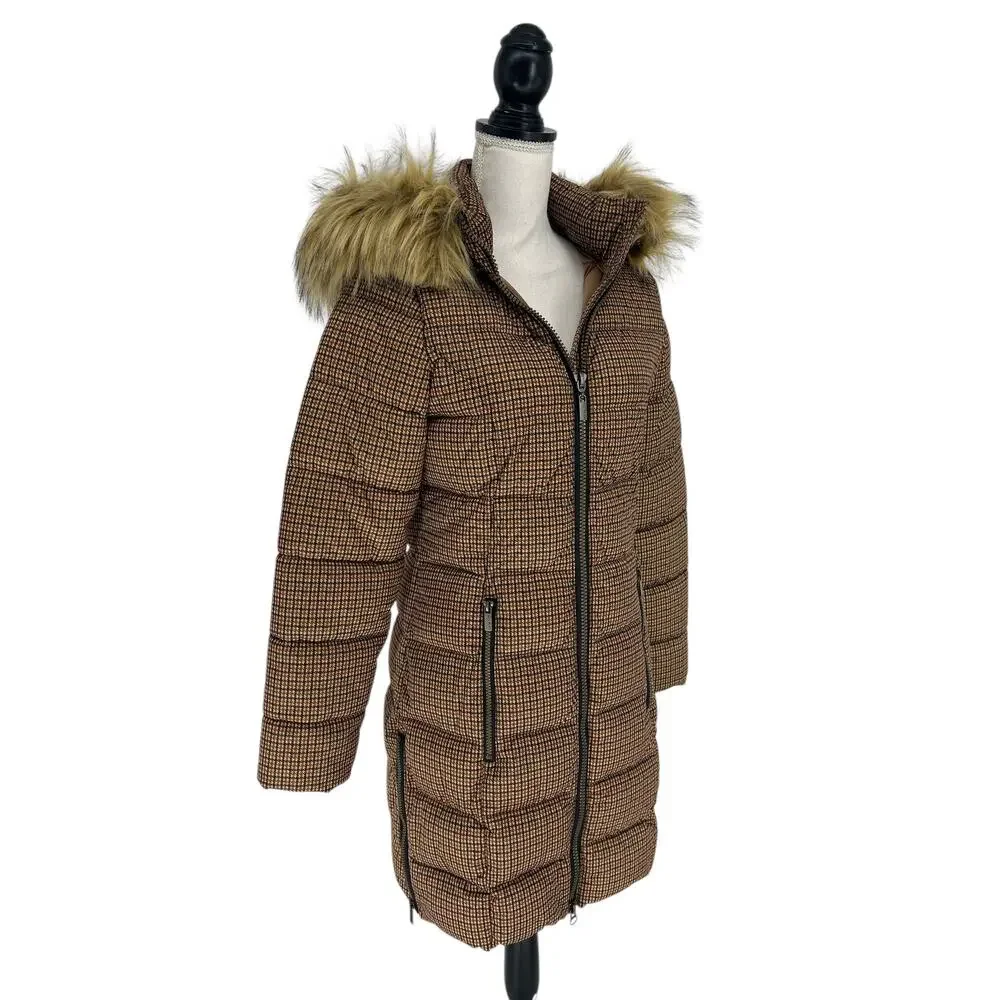 C-RO‎ Denmark Houndstooth 2-Way Stretch Puffer Coat with Faux Fur Hood Size 4
